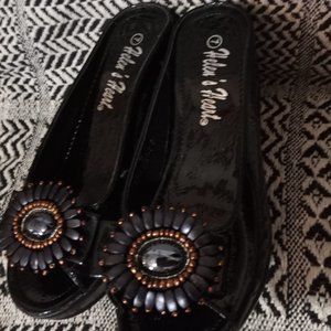 Helen's Heart Open Toe Platform Wedge Sandals Size 7M Black Faux Leather Shoes